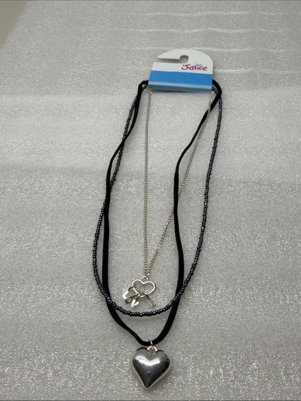 Justice Silver Layered Heart & Key Pendant Necklace with Black Strands